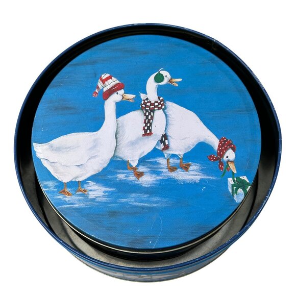 Winter Goose Cookie Tins Round Blue Holiday Geese On Ice Set of 2 Nesting - Picture 6 of 13